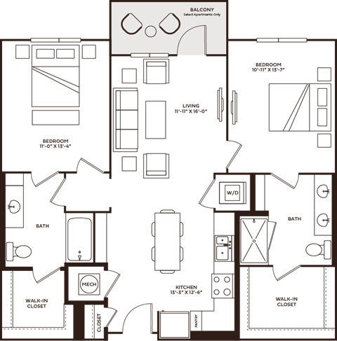 Floor plan for 2 beds, 2 baths, 1096 sqft