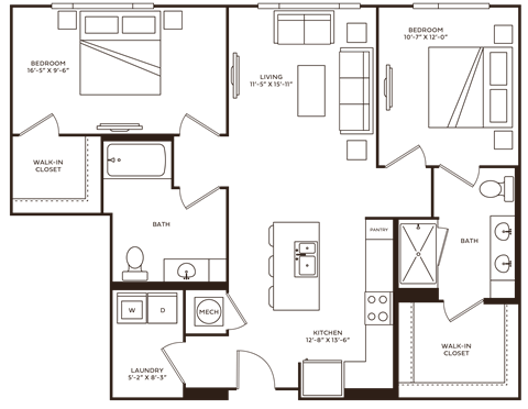 Floor plan for 2 beds, 2 baths, 1112 sqft