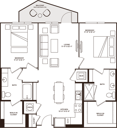 Floor plan for 2 beds, 2 baths, 1124 sqft