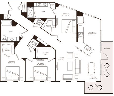 Floor plan for 3 beds, 2 baths, 1592 sqft