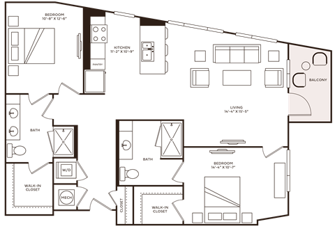 Floor plan for 2 beds, 2 baths, 1150 sqft