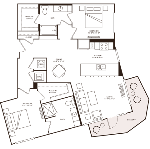 Floor plan for 2 beds, 2 baths, 1179 sqft