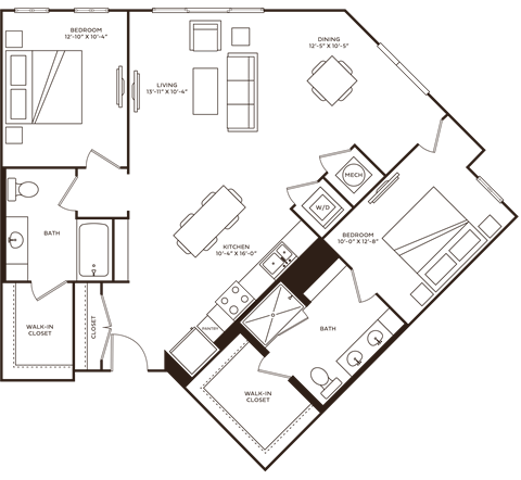 Floor plan for 2 beds, 2 baths, 1249 sqft