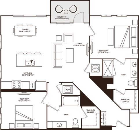Floor plan for 2 beds, 2 baths, 1255 sqft