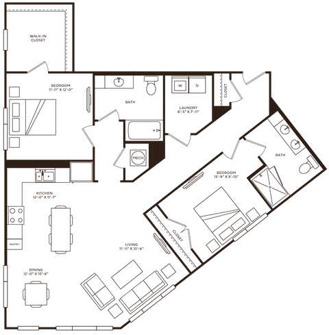 Floor plan for 2 beds, 2 baths, 1344 sqft
