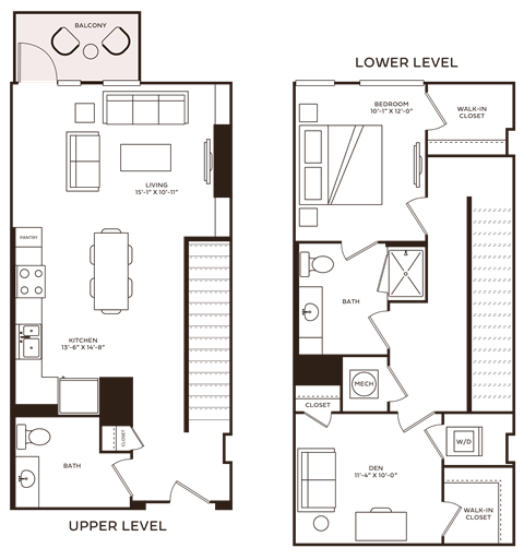 Floor plan for 1 bed, 1.5 baths, 1245 sqft