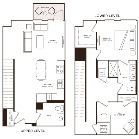 Floor plan for 1 bed, 1.5 baths, 1409 sqft