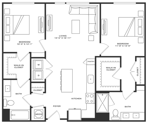 Floor plan for 2 beds, 2 baths, 1080 sqft