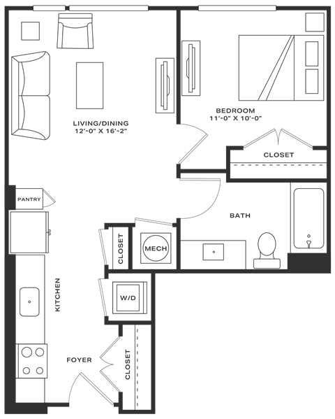 Floor plan for 1 bed, 1 bath, 588 sqft