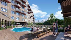 Raleigh apartment for rent - a rendering of a hotel pool with people standing around it