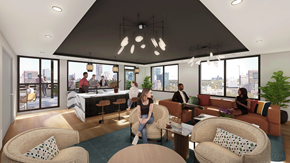 Raleigh apartment for rent - a group of people are sitting in a living room in a building with large windows