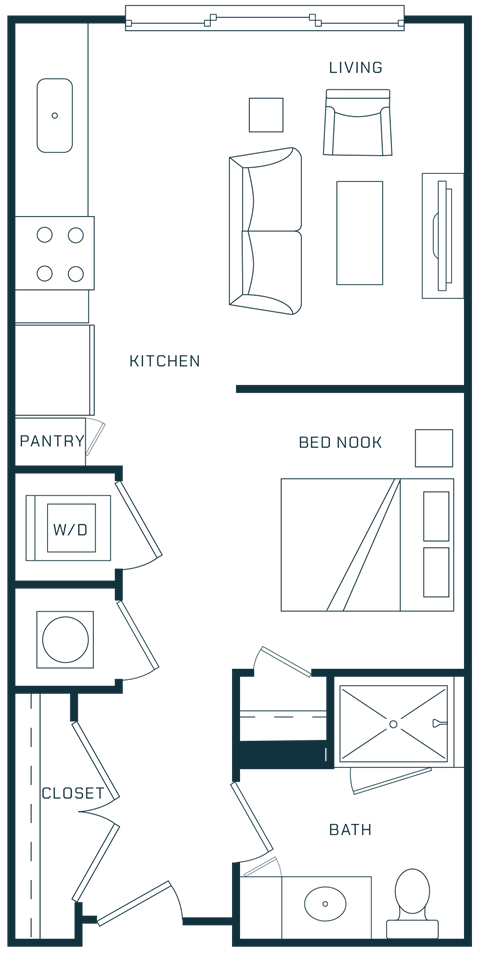 Floor plan for studio, 1 bath, 512 sqft