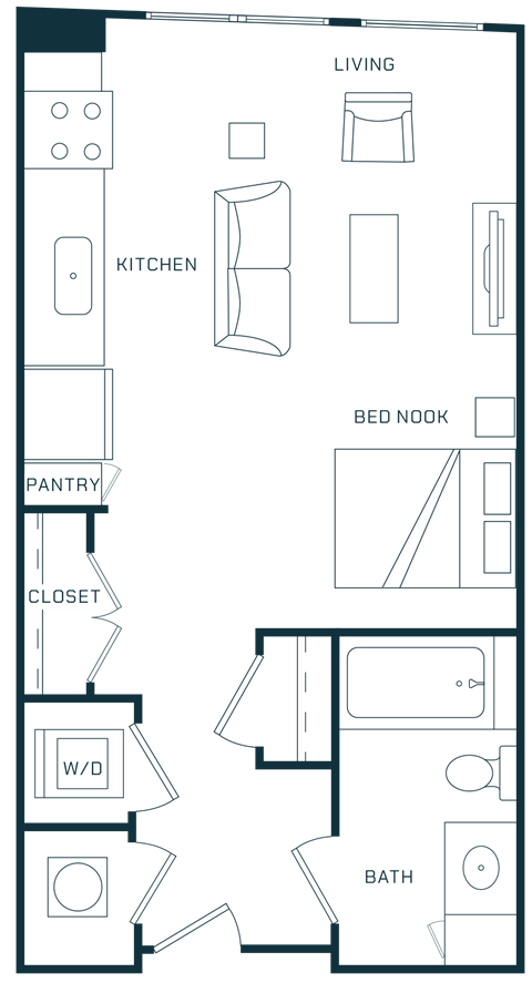 Floor plan for studio, 1 bath, 524 sqft