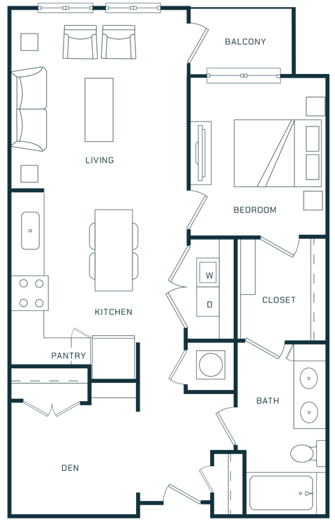 Floor plan for 1 bed, 1 bath, 852 sqft