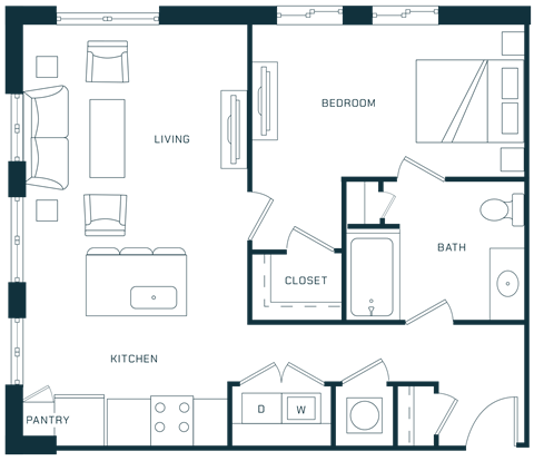 Floor plan for 1 bed, 1 bath, 797 sqft