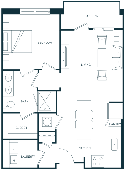 Floor plan for 1 bed, 1 bath, 729 sqft