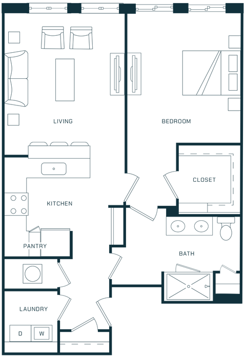 Floor plan for 1 bed, 1 bath, 905 sqft