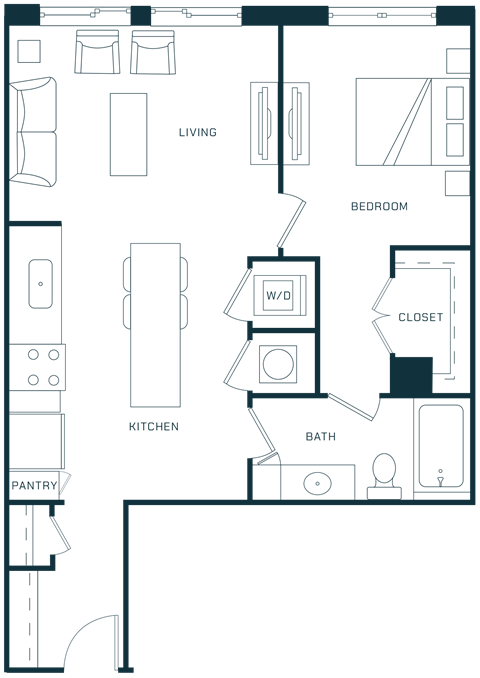 Floor plan for 1 bed, 1 bath, 732 sqft