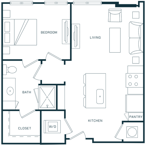 Floor plan for 1 bed, 1 bath, 618 sqft