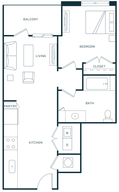 Floor plan for 1 bed, 1 bath, 686 sqft