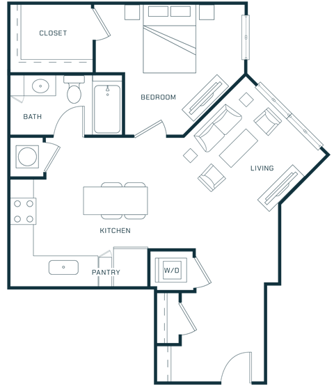 Floor plan for 1 bed, 1 bath, 831 sqft