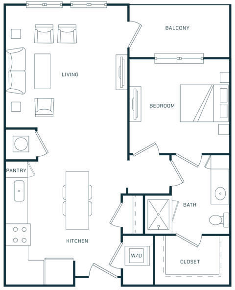 Floor plan for 1 bed, 1 bath, 746 sqft