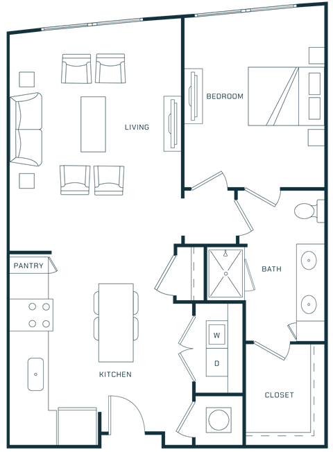 Floor plan for 1 bed, 1 bath, 770 sqft