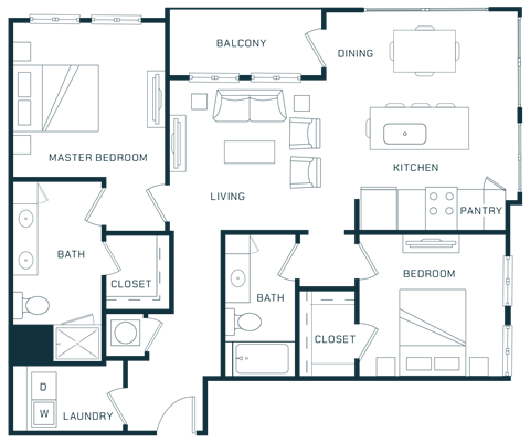 Floor plan for 2 beds, 2 baths, 1288 sqft