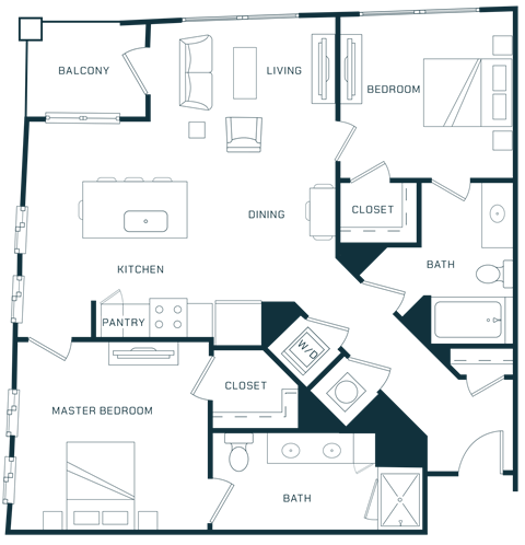 Floor plan for 2 beds, 2 baths, 1069 sqft