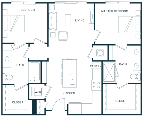 Floor plan for 2 beds, 2 baths, 956 sqft