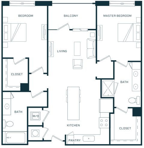 Floor plan for 2 beds, 2 baths, 1070 sqft