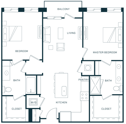 Floor plan for 2 beds, 2 baths, 1054 sqft