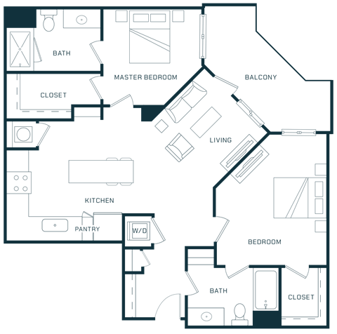 Floor plan for 2 beds, 2 baths, 1109 sqft