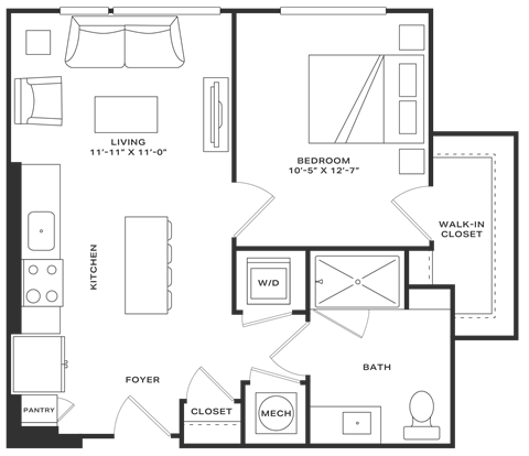 Floor plan for 1 bed, 1 bath, 614 sqft