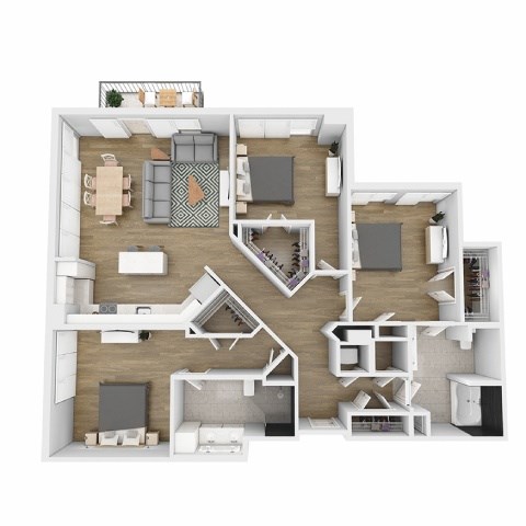 Floor plan for 3 beds, 2 baths, 1444 sqft