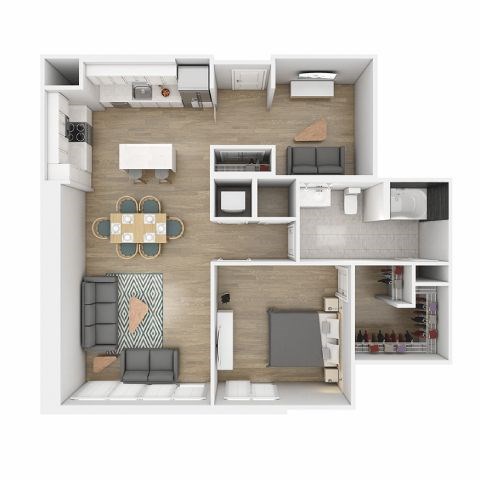 Floor plan for 1 bed, 1 bath, 955 sqft
