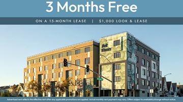 Oakland apartment for rent - A building with a sign that says "3 Months Free on a 15-month lease | $1,000 look & lease".