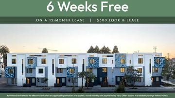 Oakland apartment for rent - A building advertises a 6 weeks free offer on a 12-month lease for a $500 look and lease.