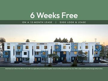 Oakland apartment for rent - A building advertises a 6 weeks free offer on a 12-month lease for a $500 look and lease.