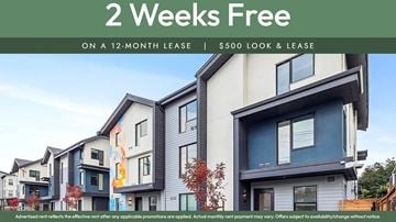 Oakland apartment for rent - A promotional image for a 2-week free offer on a 12-month lease for a $500 look and lease.