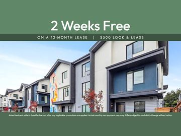Oakland apartment for rent - A promotional image for a 2-week free offer on a 12-month lease with a $500 look and lease.