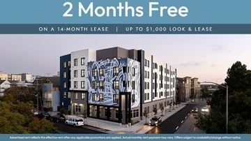 Oakland apartment for rent - A building with a large mural on its side is advertising a 2 months free offer on a 14-month lease.