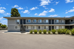 Oakland apartment for rent - A modern building with a tree on top and a parking lot in front.