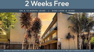 Oakland apartment for rent - A building with palm trees and a sign that says "2 Weeks Free on a 12-month lease | $500 look & lease".