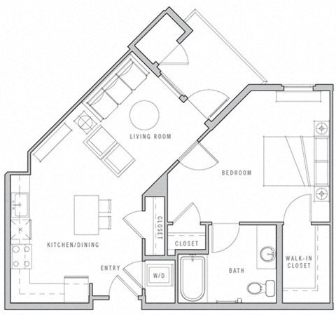 Floor plan for 1 bed, 1 bath, 727 sqft