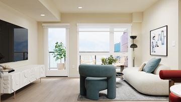 Los Angeles apartment for rent - A living room with a blue chair and a white couch.