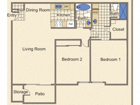 Floor plan for 2 beds, 2 baths, 1050 sqft