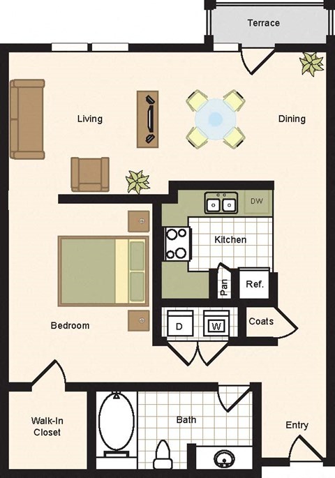 Floor plan for 1 bed, 1 bath, 912 sqft