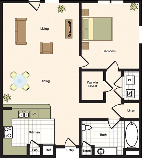 Floor plan for 1 bed, 1 bath, 979 sqft