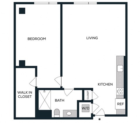 Floor plan for 1 bed, 1 bath, 911 sqft